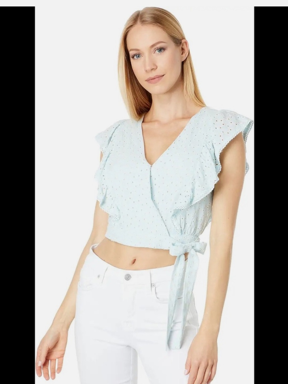 NWT Lost + Wander Pale Blue Eyelet Wrap Crop Top with Ruffles 🌊
